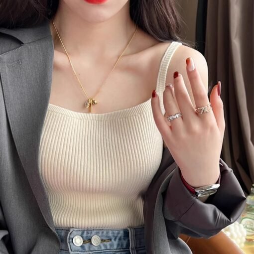 Vapetix Free Size-Free Size  Knitted women's spring outerwear, 2025 new white suit-style camisole top with black short undershir - Afbeelding 7