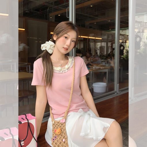 Vapetix S-L  Actual Lace Edge Pink Short Sleeve T-Shirt for Women 2025 Summer New Arrival Super Unique and Versa - Obrázek 9