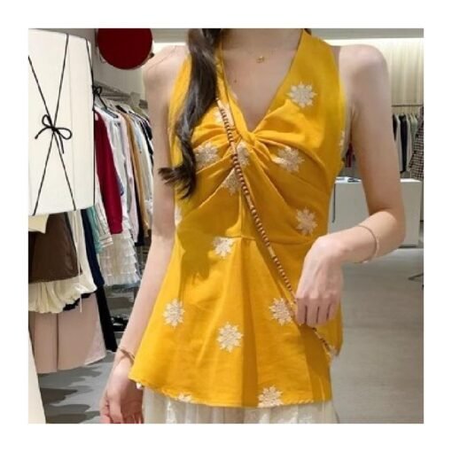 Vapetix S-XL  Cotton Linen 2025 Summer New Style Dopamine Vacation Style Sleeveless V-Neck Embroidered Kink Neck - Obrázek 3