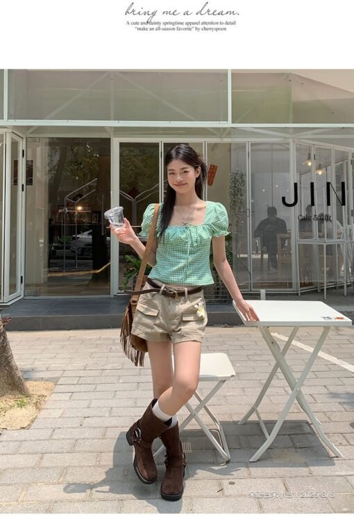 Vapetix S-XL  Green Grid Square Collar Puff Sleeve Women's Summer New Slimming Waist Short Top - Afbeelding 9