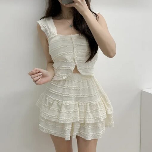Vapetix Free Size-Free Size  Korean chic wood ear edge design set, French sweet age-reducing backless top, high-waisted fluffy c - Afbeelding 9