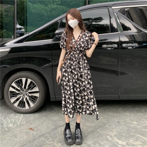 Vapetix Universal code-Universal code  Summer floral dress for women mid-length V-neck retro puff sleeves high waist slim casual vacation - Pilt 8