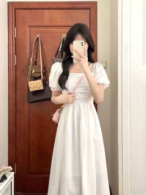 Vapetix S-XL  High-end sweet first love gentle style casual loose slim white pleated puff sleeve dress for women - Kuva 8