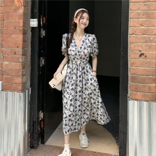 Vapetix Universal code-Universal code  Summer floral dress for women mid-length V-neck retro puff sleeves high waist slim casual vacation - Pilt 9