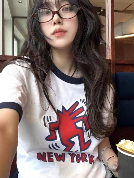 Vapetix S-XL  32 pieces of pure cotton ribbed color-blocked short-sleeved printed loose-fit women's t-shirts – Bild 8