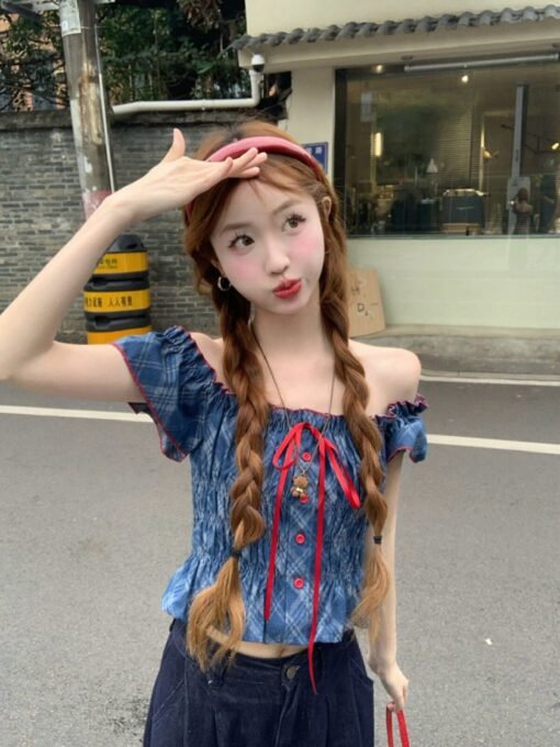 Vapetix Free Size-Free Size  Real shot Design sense one shoulder denim short top women's off-shoulder sleeveless T-shirt sweet a - Afbeelding 8