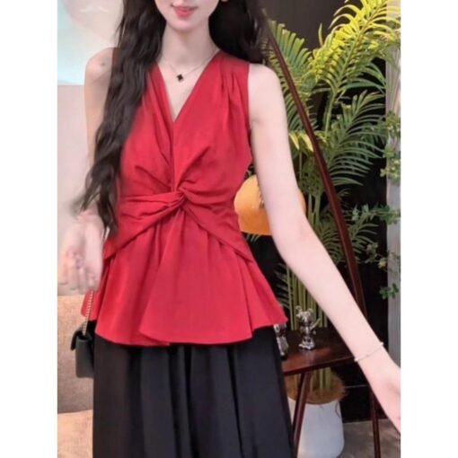 Vapetix S-XL  Design Sense Kink V-neck Vest Women's 2025 Summer New Holiday Style Niche Slim-fit Chic Sleeveless – Bild 4