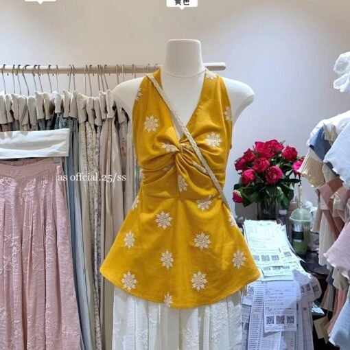 Vapetix S-XL  Cotton Linen 2025 Summer New Style Dopamine Vacation Style Sleeveless V-Neck Embroidered Kink Neck - Obrázek 4