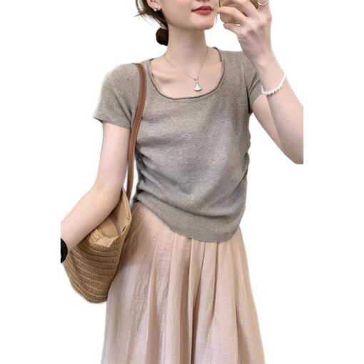 Vapetix Free Size-Free Size  Grey Ice Silk Knitted Short-Sleeve T-Shirt for Women - Summer New Arrival Slimming Crepe Waist-Tie - Afbeelding 8