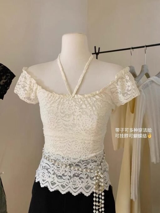 Vapetix Free Size-Free Size  ~Fashion Retro Lace Crochet Square Collar Tie T-Shirt Pure Desire Waist Cinching Slimming Unisex Sh - Obrázek 9