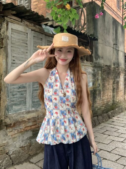Vapetix S-L  Vintage Grid Sleeveless Backless Top with Design Sense, Small-Batch Fitted Slimming Neckline Flower – Bild 8