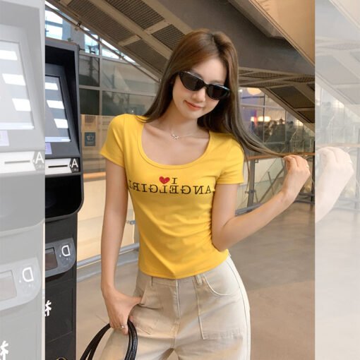 Vapetix S-L  Real shot hot-stamping letter print slimming straight shoulder short-sleeved T-shirt women's summer – Bild 8