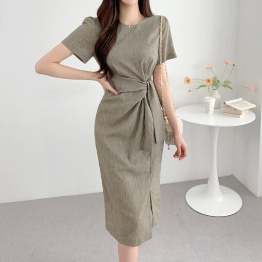 Vapetix Universal code-Universal code  Korean chic summer retro niche round neck kink strap waist puff sleeve side slit hip dress for wome - Pilt 9