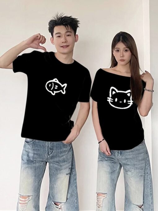 Vapetix S-3XL  [220g combed cotton] not the same special lovers high-end sense summer oblique shoulder cat fish sh - Obrázek 4