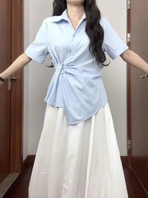 Vapetix S-2XL  French-style collar, irregularly cinched waist women's summer new belly-covering, slimming, stylish - Billede 9