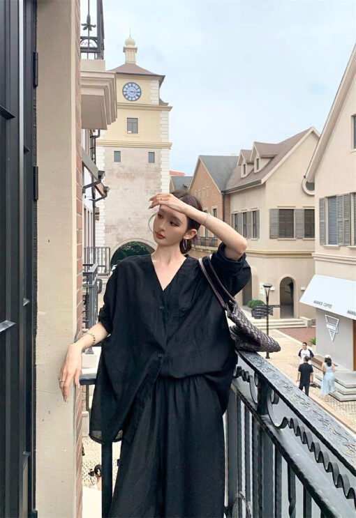 Vapetix S-M  Photographed Lazy Old Money Style Loose Wide Leg Pants Two-Piece Set Shirt Set – Bild 9