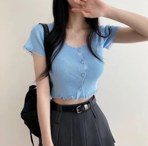 Vapetix Free Size-Free Size  Korean chic summer shorts with midriff-baring knit cardigan and lace trim, slimming top - Afbeelding 8