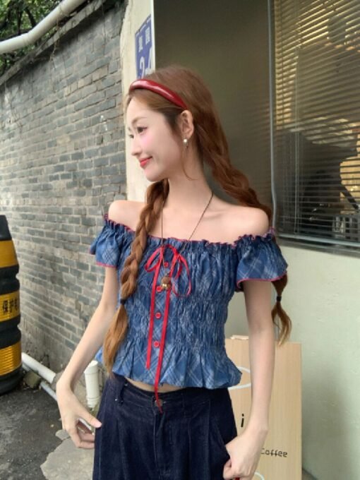 Vapetix Free Size-Free Size  Real shot Design sense one shoulder denim short top women's off-shoulder sleeveless T-shirt sweet a - Afbeelding 9