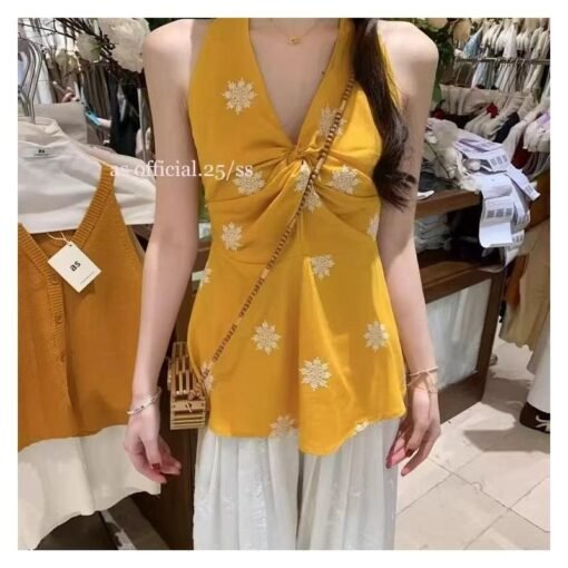 Vapetix S-XL  Cotton Linen 2025 Summer New Style Dopamine Vacation Style Sleeveless V-Neck Embroidered Kink Neck - Obrázek 5