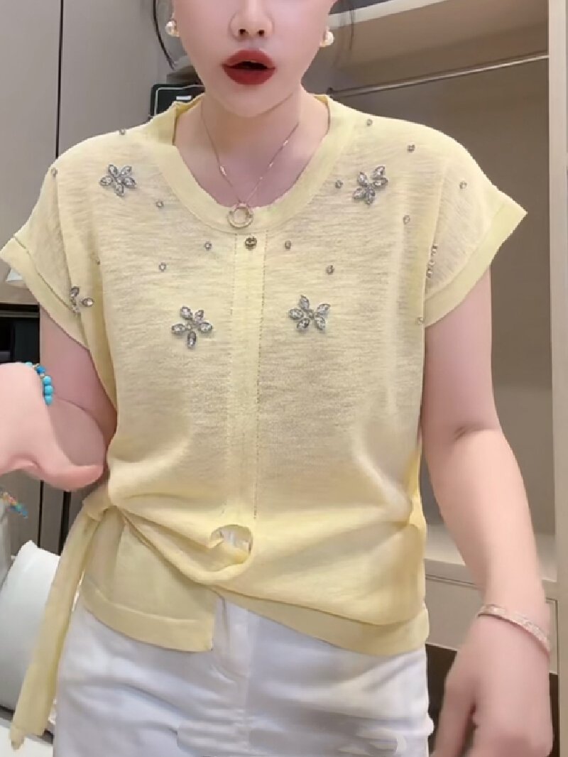 Vapetix Free Size-Free Size Tmall Quality 2025 Summer New Arrival Round Neck Asymmetrical Hem Embroidered Diamond-Studded Slim- - 图片 8