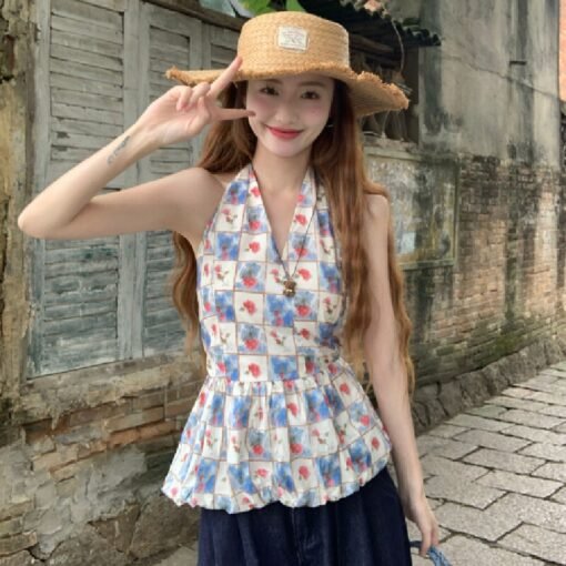 Vapetix S-L  Vintage Grid Sleeveless Backless Top with Design Sense, Small-Batch Fitted Slimming Neckline Flower – Bild 9
