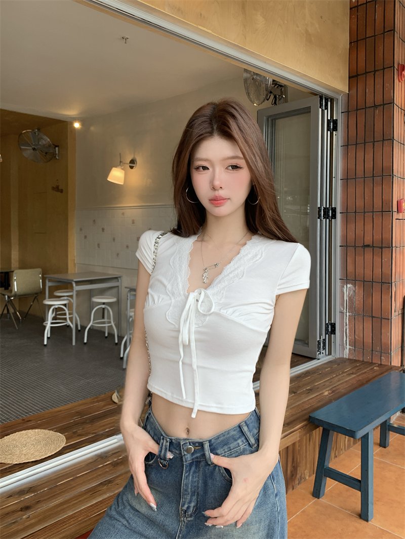 Vapetix Free Size-Free Size Photo-shoot New Lace Edge Strap Design Pure Desire Style Slimming Hot Chick T-shirt Short-sleeve To – Bild 9