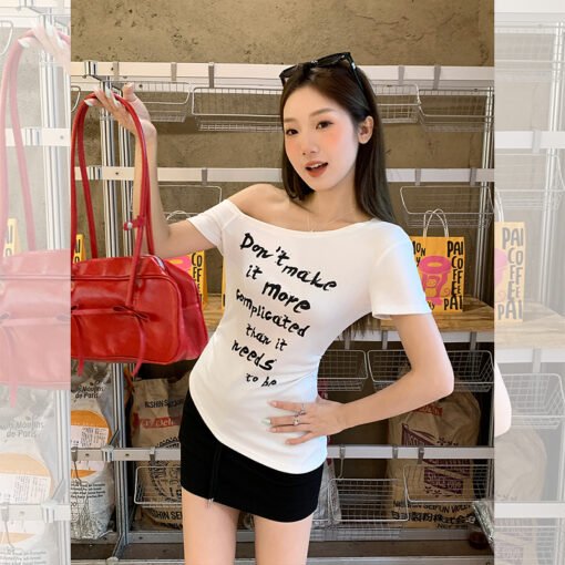 Vapetix S-L  Photographed 2025 Summer Sloping Shoulder Hot Girl T-shirt with a sense of elegance, niche and irre - Imagen 9