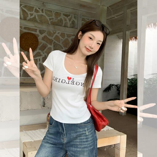 Vapetix S-L  Real shot hot-stamping letter print slimming straight shoulder short-sleeved T-shirt women's summer – Bild 9