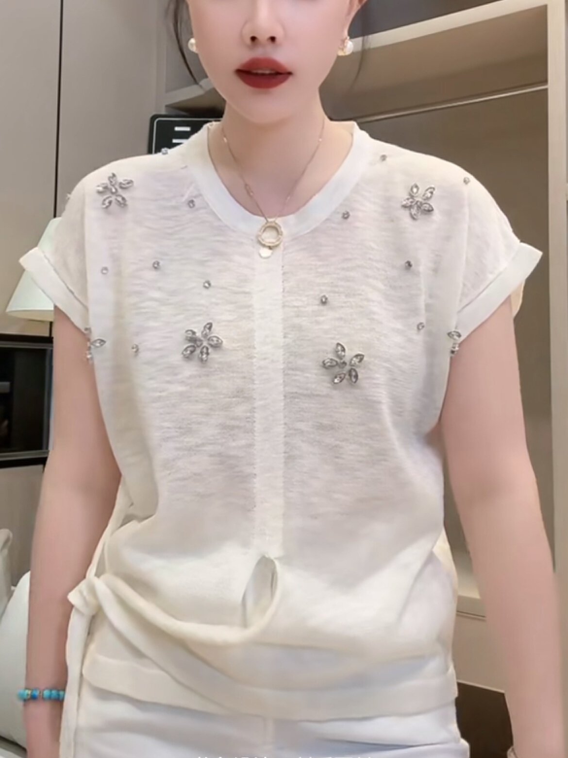 Vapetix Free Size-Free Size Tmall Quality 2025 Summer New Arrival Round Neck Asymmetrical Hem Embroidered Diamond-Studded Slim- - 图片 9