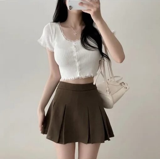 Vapetix Free Size-Free Size  Korean chic summer shorts with midriff-baring knit cardigan and lace trim, slimming top - Afbeelding 9