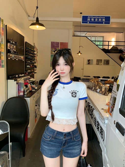 Vapetix S-XL  260g cotton American style hot girl black printed shoulder short sleeve T-design niche lace stitchi - Imagen 4