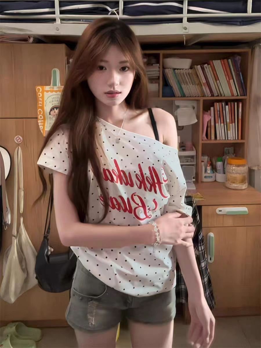 Vapetix S-XL American style hot girl polka dot letter off shoulder short sleeve t-shirt women's summer absolutel – Bild 9