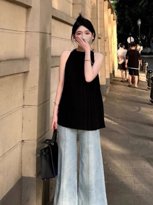 Vapetix One size fits all-One size fits all  Women's Pleated Crewneck Vest for Summer French Style Elegant Sleeveless Top