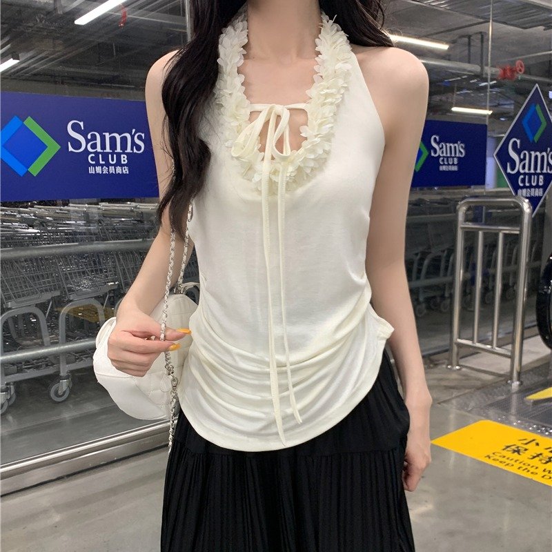 Vapetix Free Size-Free Size Shot Design Pure Color Sexy Flower Splicing V-Neck Backless Top for Women Summer Slimming Matchable