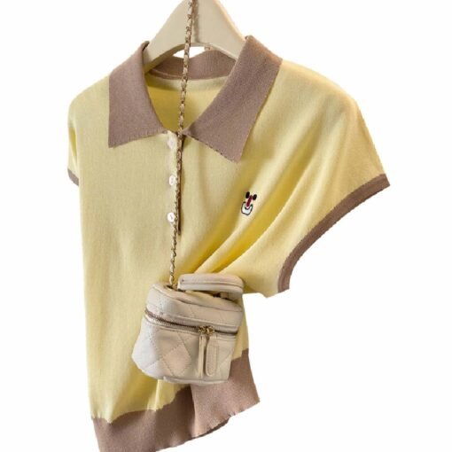 Vapetix Free Size-Free Size  Polo Collared Embroidered Short Sleeve T-shirt for Women 2025 Summer New Arrival Thin Ice Silk Knit
