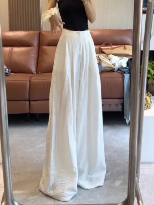 Vapetix S-2XL  White Ice Silk Pleated Wide Leg Pants for Women - Summer 2025 New Arrival High-Waisted Flowy Cool T