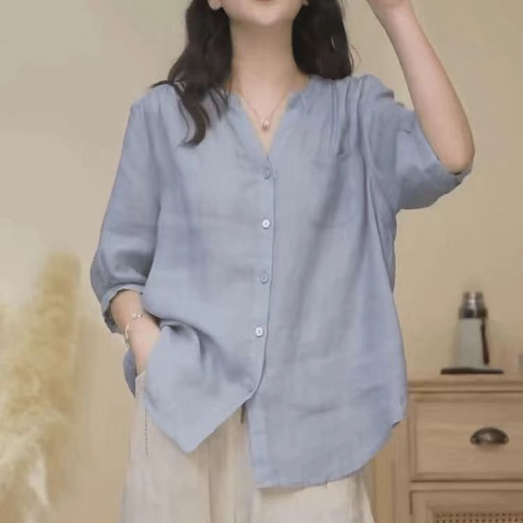 Vapetix M-3XL Korean Version Art Deco Retro Summer Thin Cotton Linen Shirt Women Loose V-Neck Blouse Jacket Casua