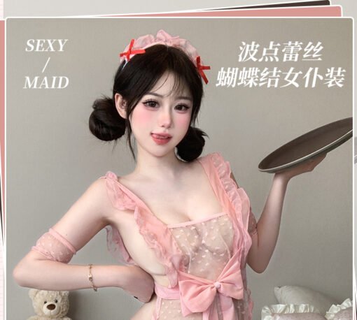 Vapetix Free Size-Free Size  Photographed novelty polka dot lace camisole maid outfit seductive no removal sheer maid exposing b