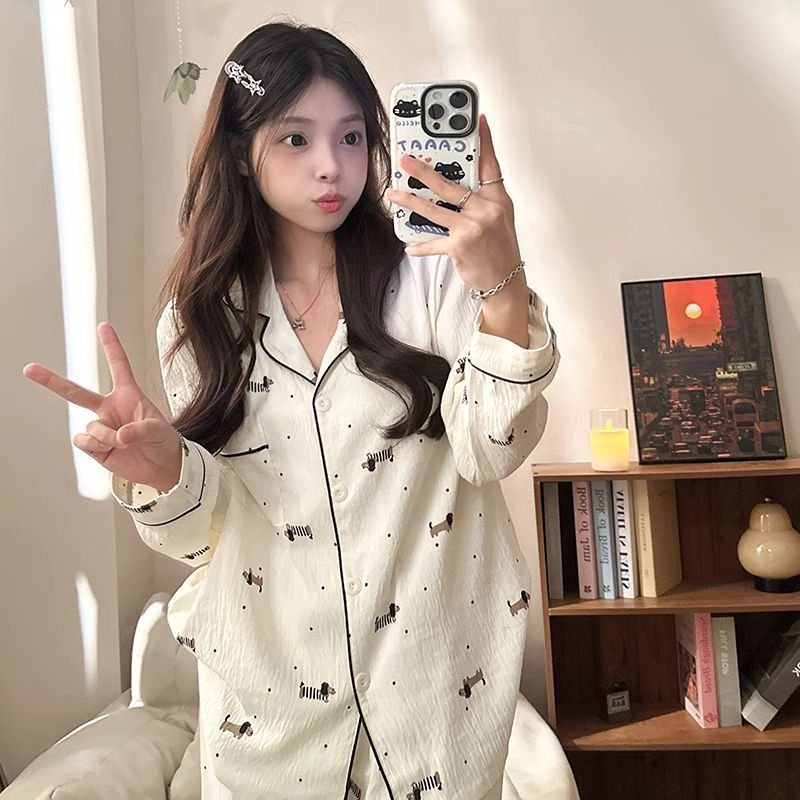 Vapetix M-XXL Spring and Autumn Pajama Set: Long Sleeve Top, Long Pants, Cloud Cotton Open Cardigan, Sweet Two-Pi