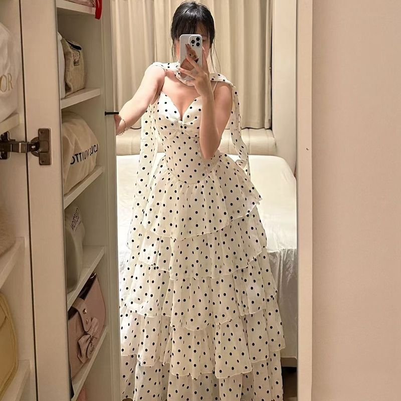 Vapetix S-2XL French Sweet Polka Dot Dress for Women, Summer Stunning High-End Cupcake Dress, Vacation Gentle Sty