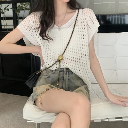 Vapetix Free Size-Free Size  Korean Version New Grid Hollow Design Sensory Unconventional Loose Knit Top Women Summer Versatile