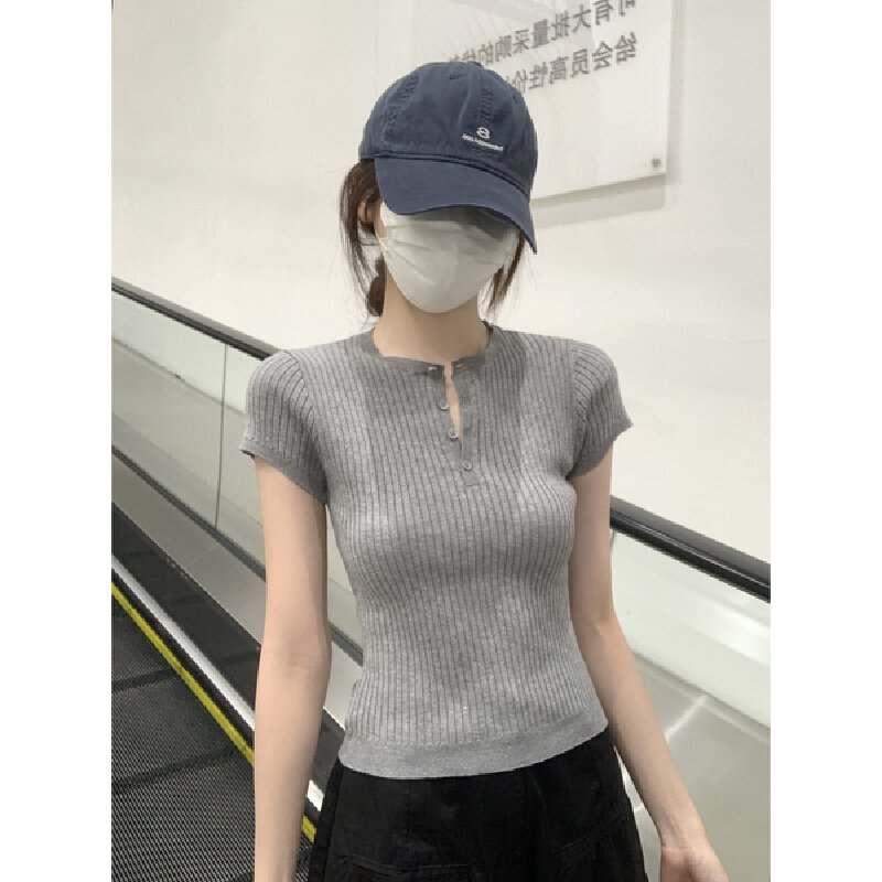 Vapetix Free Size-Free Size Photographed Summer Korean Style Fitted Crew Neck Button-up Versatile 6 Wool Knit Shirt Short Sleev - 图片 2