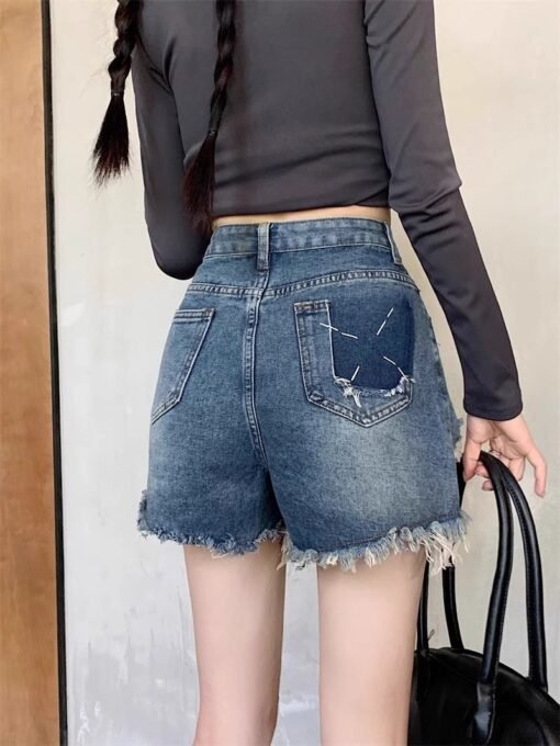 Vapetix S-XL  Korean-style design frayed hole denim shorts for women, summer American retro high-waisted slimming