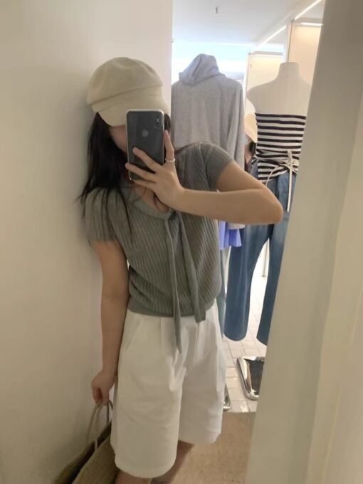 Vapetix Free Size-Free Size  Summer 2025 New Gentle Ribbon Laced Solid Color Knit Short Sleeve Top Women's Comfort Shirt Ins