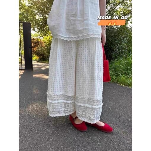 Vapetix S-2XL  Lace Embroidery Lace-up Ice Silk Wide Leg Pants for Women Summer Thin Sensual Casual Cool Pants