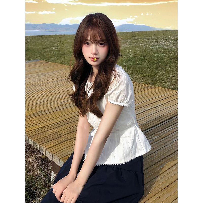 Vapetix S-XL White Babydoll Collar Short-Sleeve Women's Summer Bubble Sleeve Blouse, Fitted Slimming Collared To