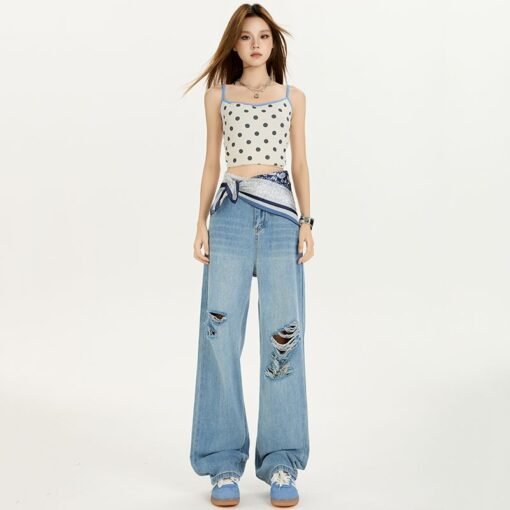 Vapetix XS-2XL  Photographed Lace Waist Side Summer High-Waist Hole Jeans for Women Ins Trendy Tall and Slim Hot Gi