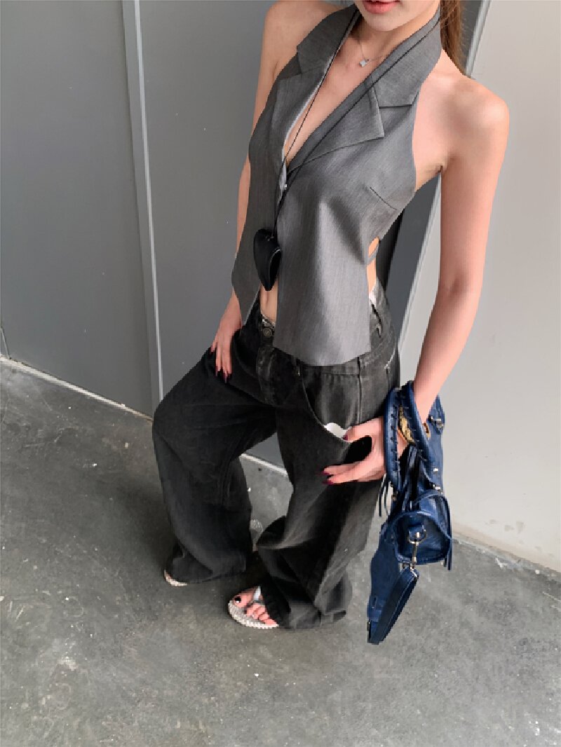 Vapetix S-XL Shot! Necktie Suit Sexy Backless Straps Blouse Top Women Loose Black Low-Waist Casual Denim Trend