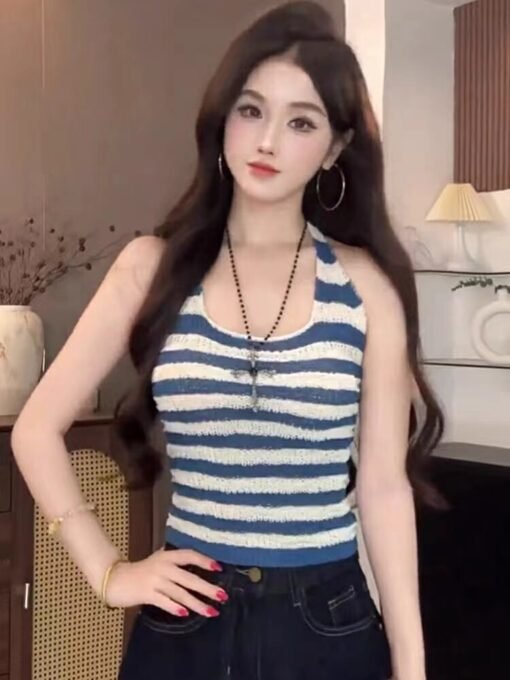 Vapetix Free Size-Free Size  American-style spicy off-shoulder striped V-neck halter top for women, 2025 summer new sexy slimmin