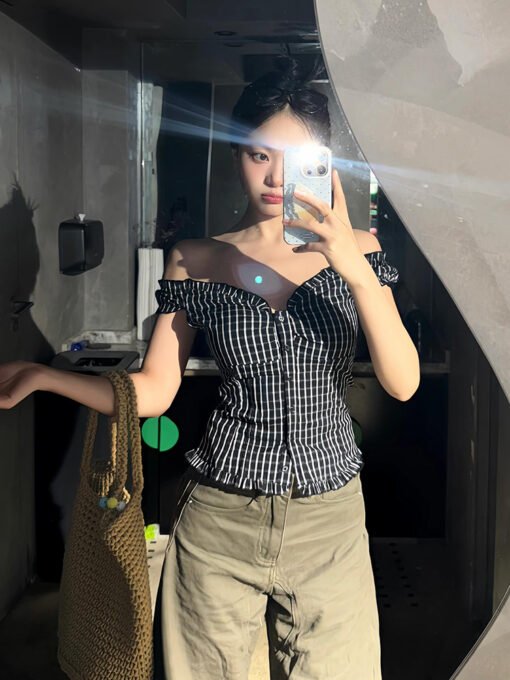Vapetix S-XL  Korean Retro Black and White Gingham One-Shoulder Women's Summer Two-Way Off-the-Shoulder Backless